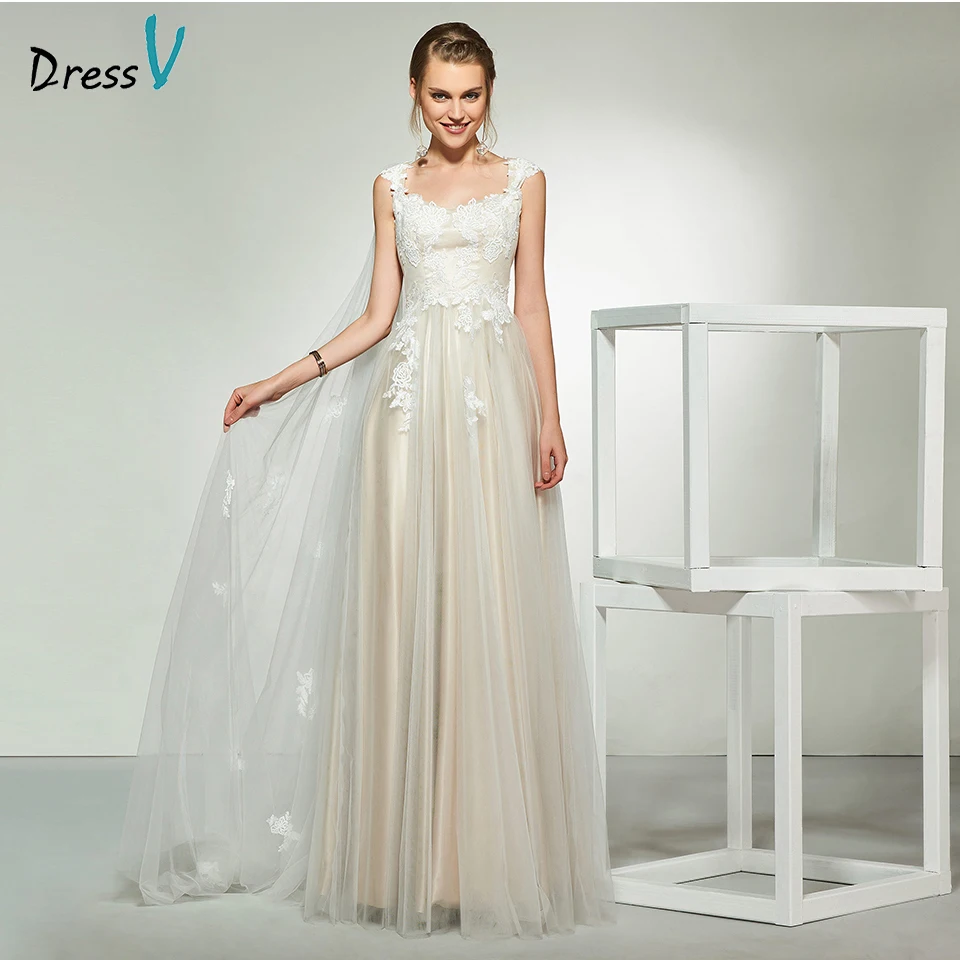 

Dressv elegant ivory scoop neck appliques lace cap sleeves wedding dress floor length simple bridal gowns a line wedding dresses