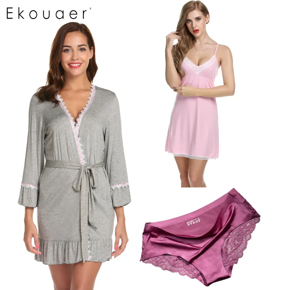 Ekouaer/женское нижнее белье пижама с длинным рукавом и кружевной отделкой 3