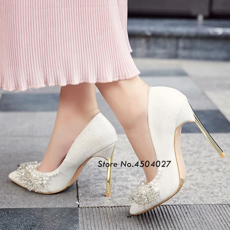 Fashion Pearl Crystal High Heels New Women's Sexy Pointed Toe Wedding Bride Dress Shoes 12 cm/10 cm | Обувь