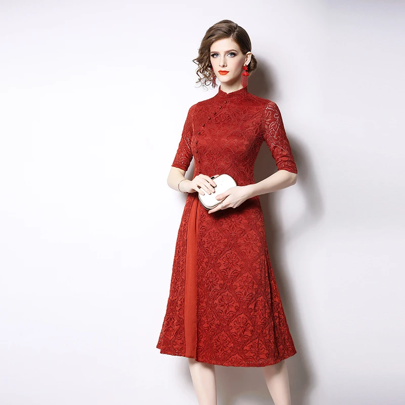 Женское Новое кружевное платье однобортное Ретро стоячий воротник cheongsam |