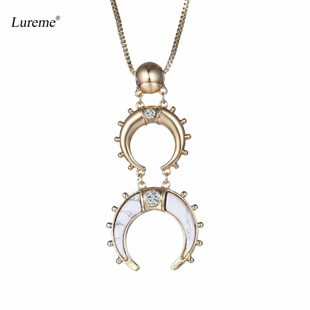 

Lureme Женский Ретро панк золотой двойной полумесяц Луна Рог кулон длинное ожерелье (nl005781)