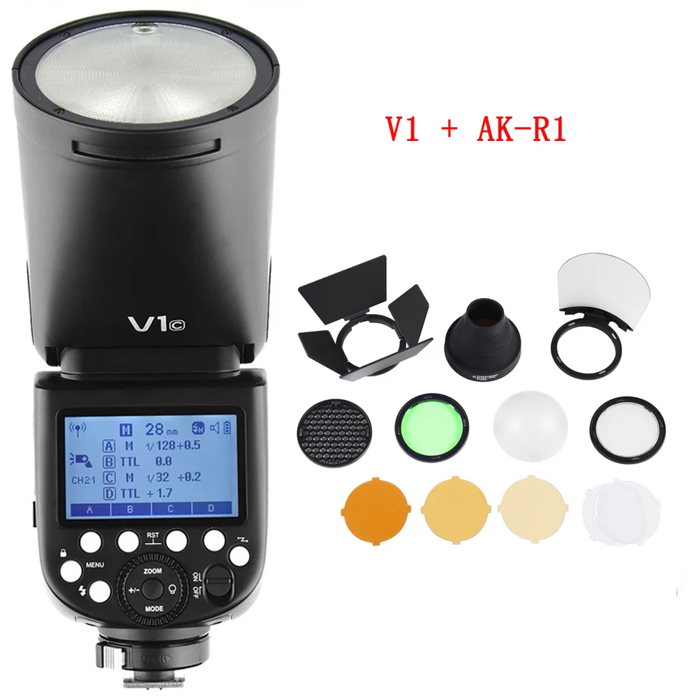 with ak-r1 Godox V1 V1-N V1-C V1-S ttl литий-ионный аккумулятор с круглой головкой вспышка Speedlight для Nikon sony Canon Fujifilm Olympus с триггерным управлением - Цвет: with ak-r1