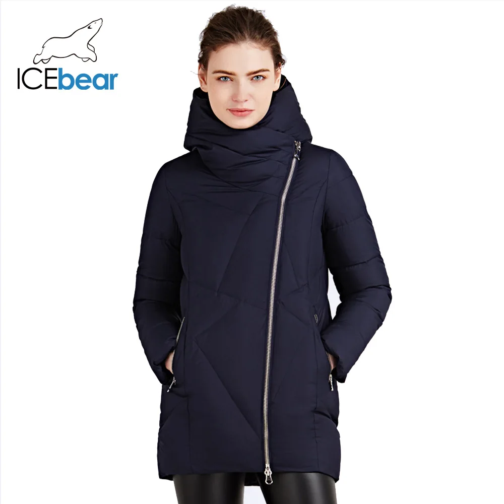 ICEbear 2017 Модный бренд женская зимняя куртка на косой молнии средней длины с
