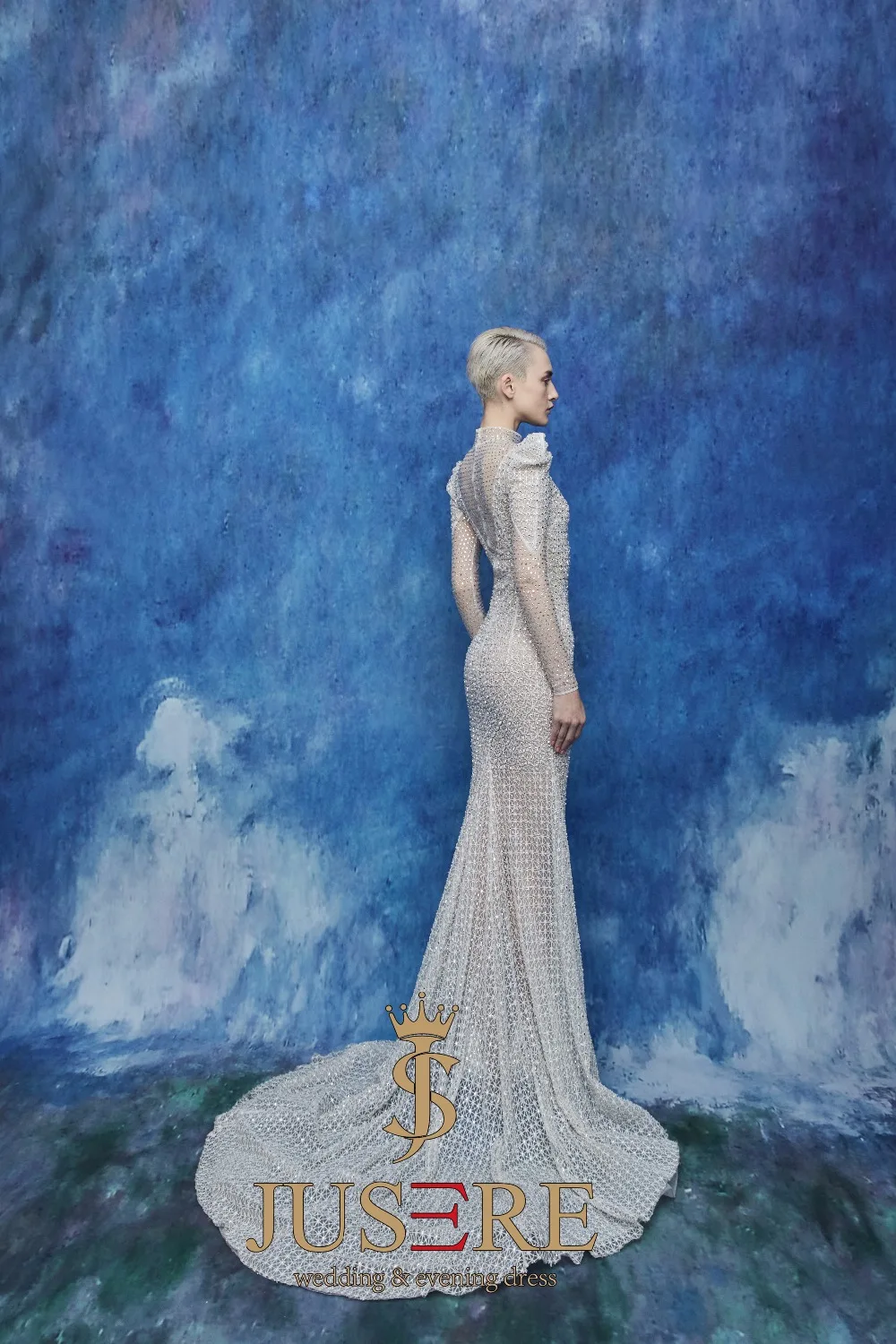 JUSERE FASHION SHOW High Collar Ivory Mermaid Wedding Dress Long Sleeve Beadeds Sweep Train Bridal Gowns Robe De Mariage | Свадьбы и