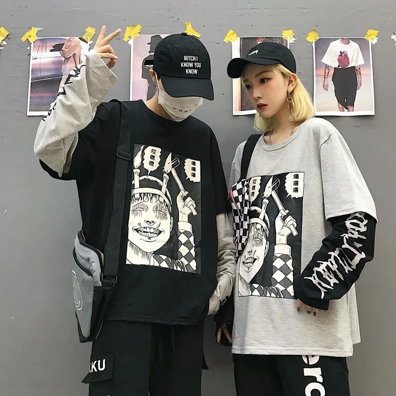 Junji Ito поддельные 2 шт футболка с круглым вырезом длинным рукавом Женская Футболка