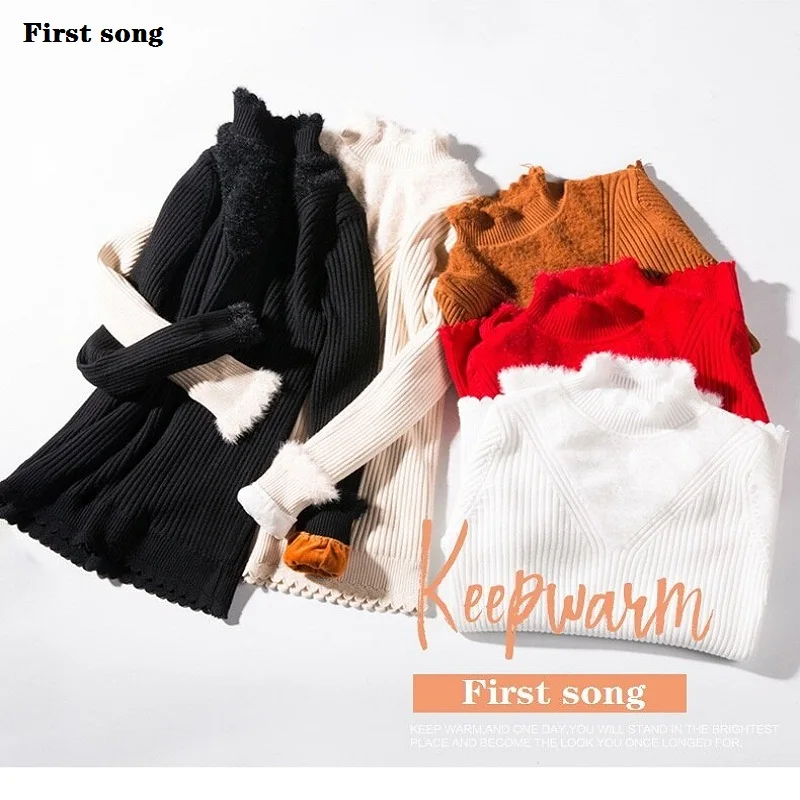 

First song turtleneck sweater 2019 new autumn high collar red white sweater long sleeve short section slim women's sweater