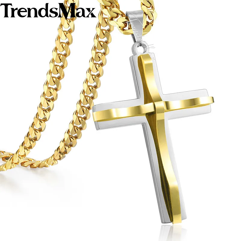 Trendsmax крест кулон ожерелье Мужская цепь из нержавеющей стали Снаряженная кубинская звено черный золотой серебряный цвет подарок ювелирные изделия KKPM137