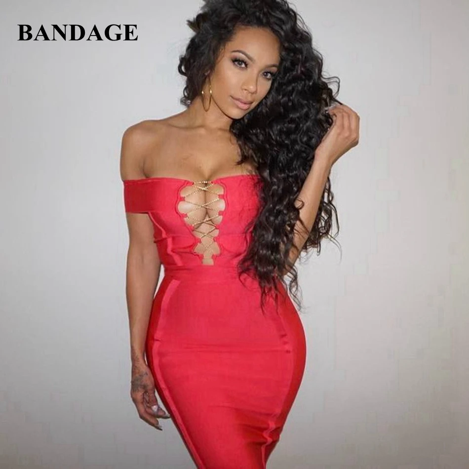 

Off Shoulder Women Bandage Dress Red Black Summer Mini Chain Dresses Sexy Slash Hollow Out Celebrity Party Club Vestidos