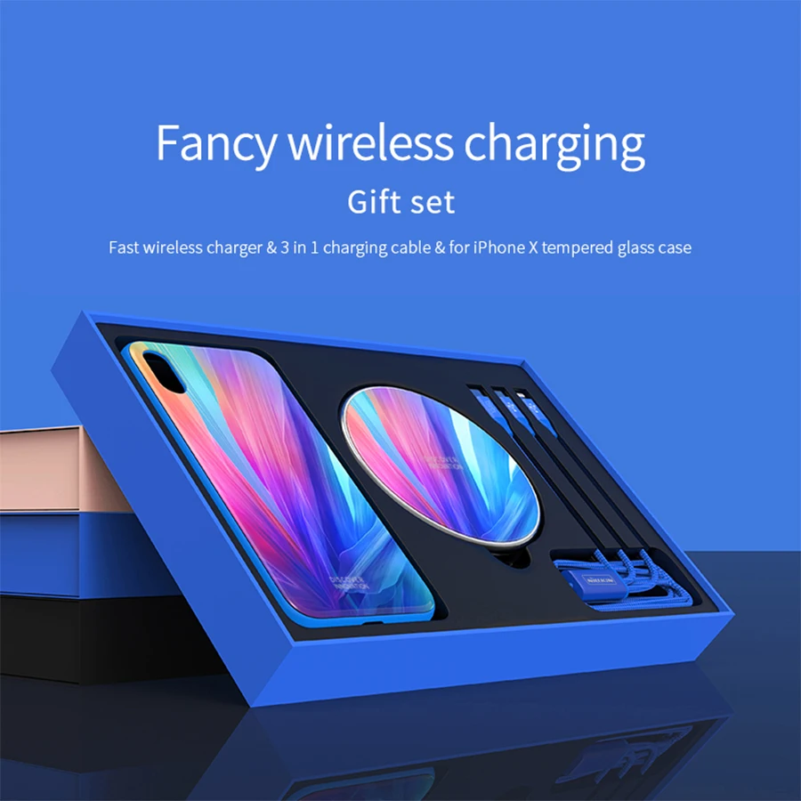Подарочная упаковка Nillkin Fortune Qi Беспроводная зарядная подставка+ 3 в 1 usb кабель для зарядки+ чехол для телефона для iPhone X 5,8 ''Поддержка настройки