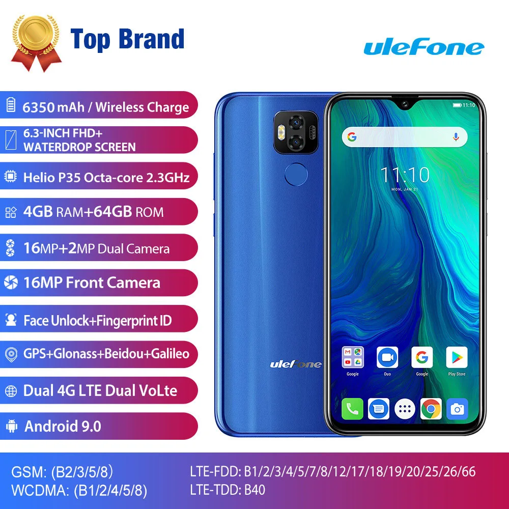 Ulefone power 6 3 дюймов FHD + 4 Гб ОЗУ 64 ПЗУ 16MP Android 9 0 Helio P35 Восьмиядерный 6350 мАч NFC