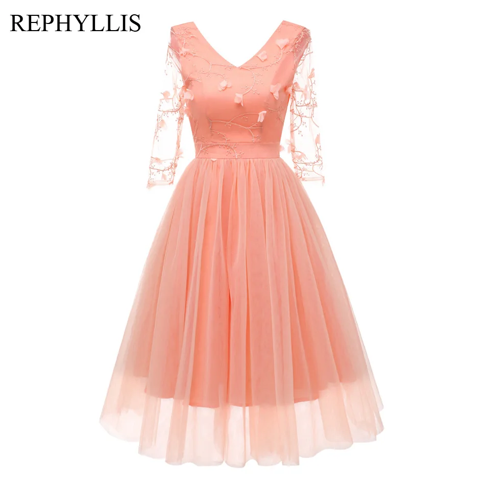 Pink REPHYLLIS, женское винтажное платье с глубоким v-образным вырезом, рукав 2/3, Сетчатое коктейльное элегантное платье на Рождество, выпускной, свадебная церемония, вечеринка - Цвет: Pink