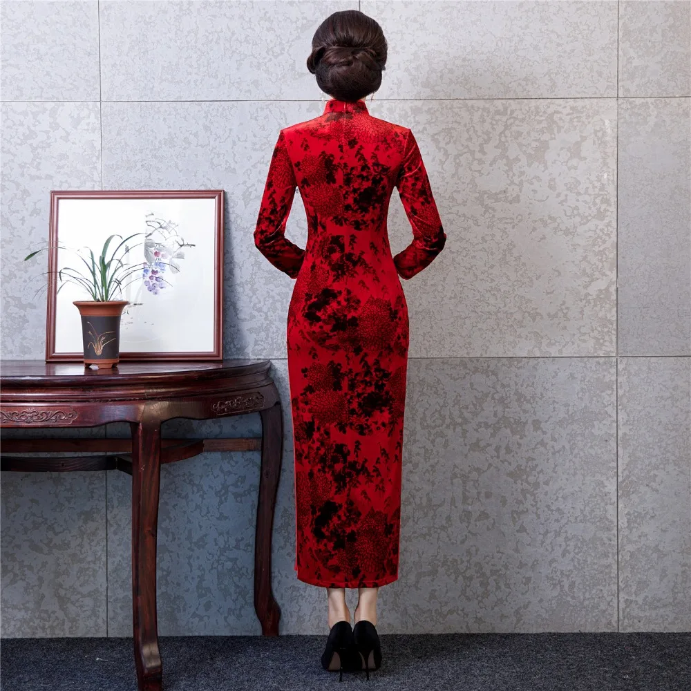 Шанхай история новая распродажа с длинным рукавом Винтаж Цветочный Qipao красный