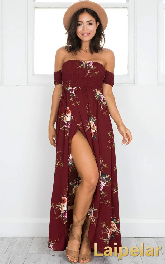 

Laipelar Boho Style Long Dress Women Off Shoulder Beach Summer Dresses Floral Print Vintage Chiffon White Maxi Dress