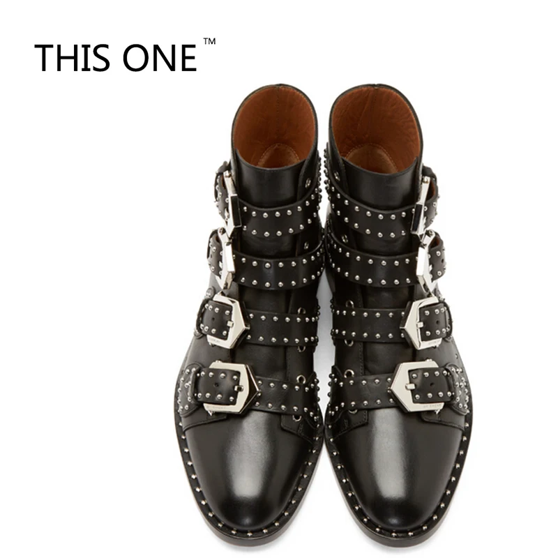 

Fashion Luxury Brand Woman Buckle Strap Rivet Studs Leather/Short Plush Ankle Boots Women Spiked Chunky Heels Motorcycle Boots