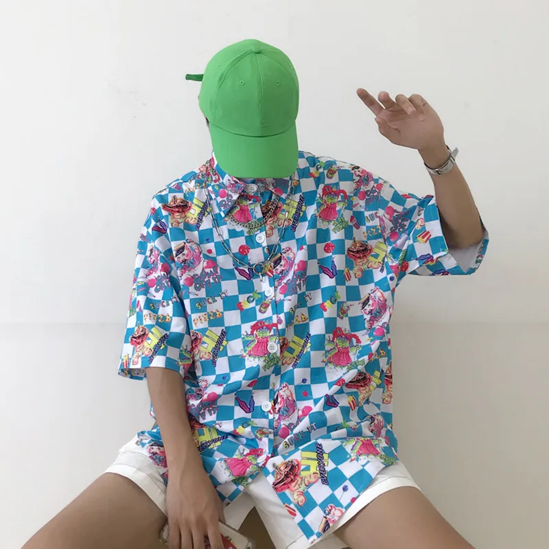 Cartoon Letter Plaid Shirt Short Sleeve Turn Down Collar Women Men Long Blouses Shirts Spring Summer Casual Loose Unisex |