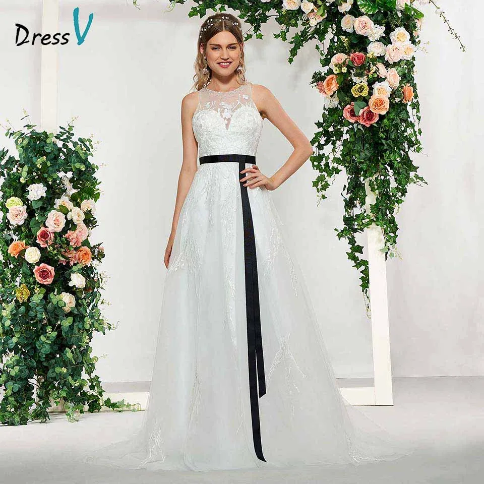 

Dressv elegant ivory scoop neck button sleeveless lace a line wedding dress floor length simple bridal gowns wedding dress