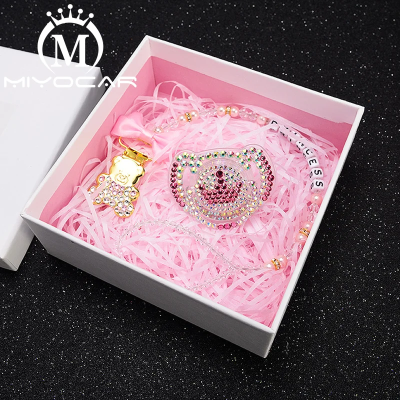 MIYOCAR custom name bling heart pacifier clip personalized pacifier holder dummy clip with bling pacifier set unique gift SP009