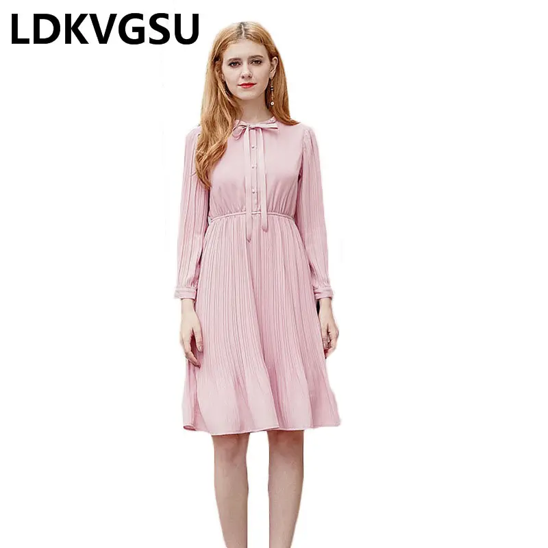 

Женское шифоновое платье-трапеция с воротником-стойкой и бантом, розовое плиссированное платье большого размера с длинным рукавом, весна ...