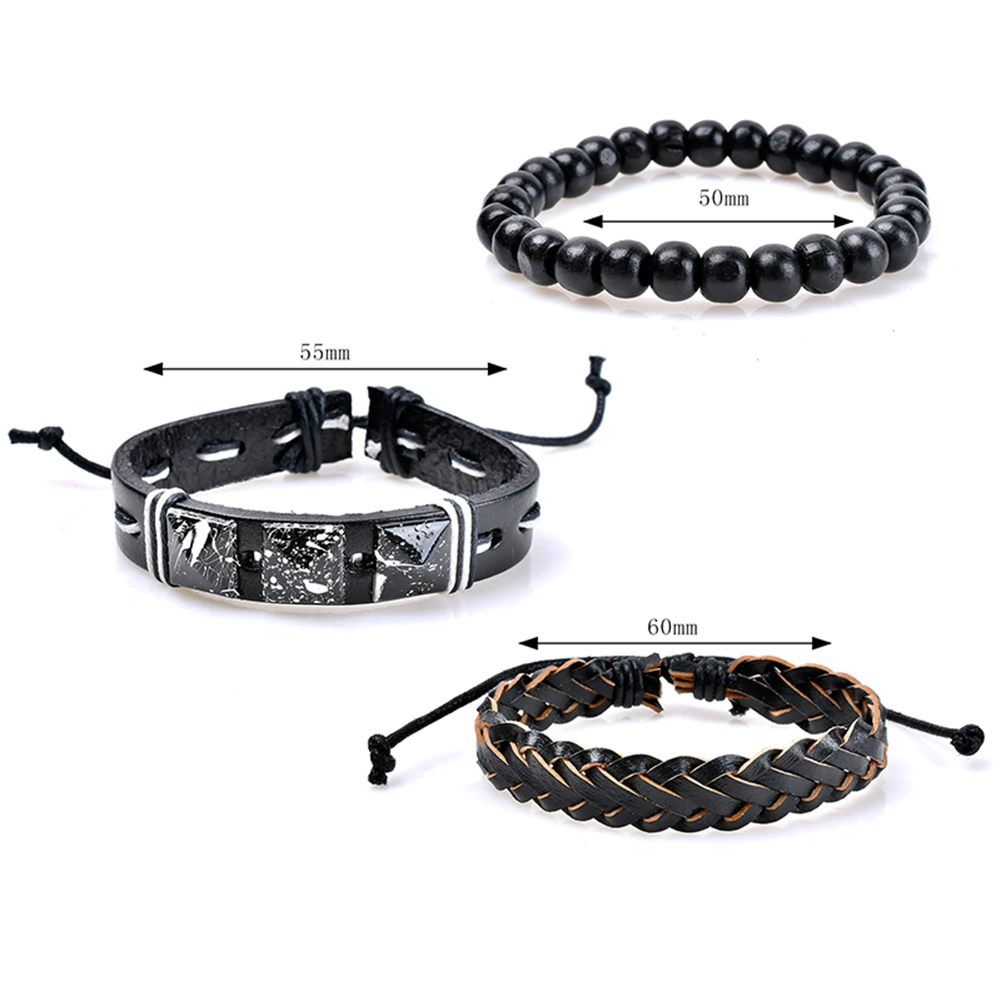 3Pcs Adjustable Faux Leather Braid Bracelets Men's Beads Bangle Bracelet Jewelry | Украшения и аксессуары