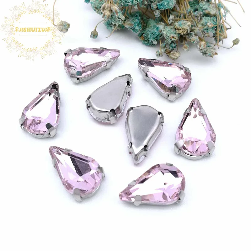 Free shipping! pink Water drop shape Glass Crystal sew on rhinestones with claw Diy Clothing accessories 8*13mm 5*8mm 6*10mm | Дом и сад