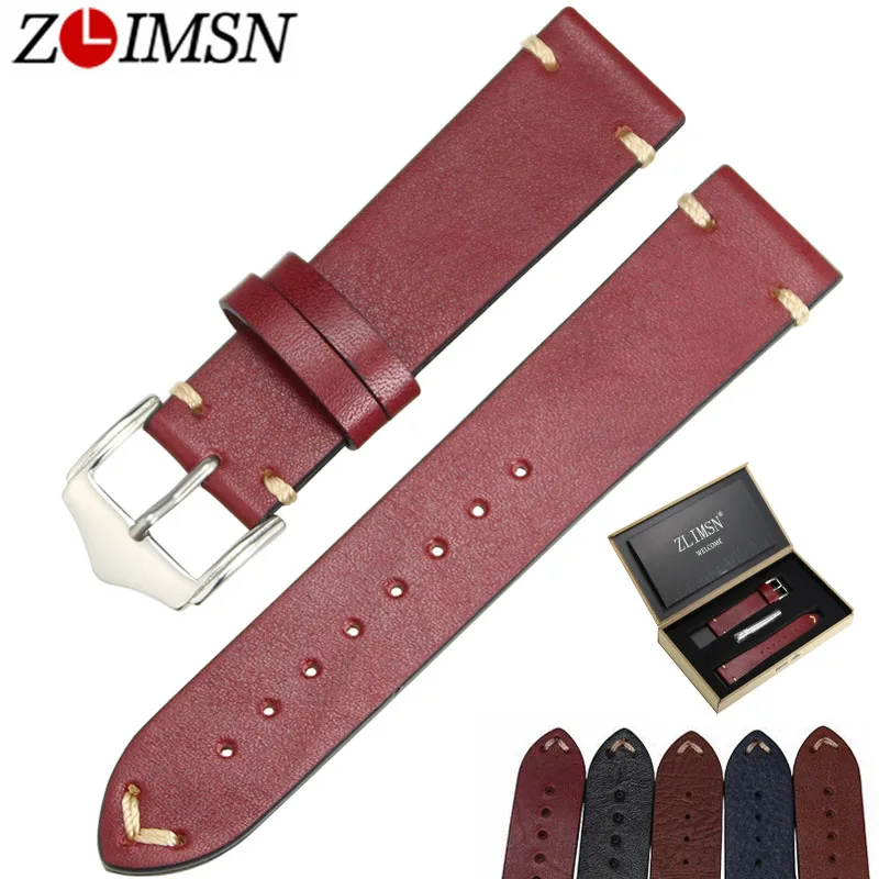 

ZLIMSN Men Retro Watch bands Genuiue leather Watchbands 20mm 22mm Black Red Blue Light Brown Watch Belts Stainless Steel Buckle