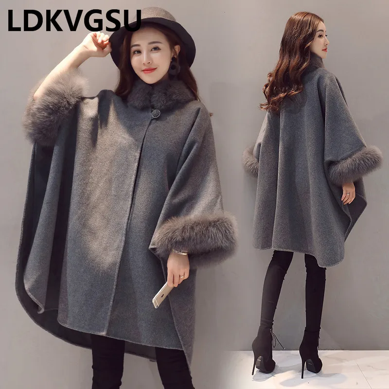 

2018 Autumn Winter New Long Cloak Woolen Jacket Korean Fur Collar Loose Large Size Gray Warm Wool Overcoat Female Is479