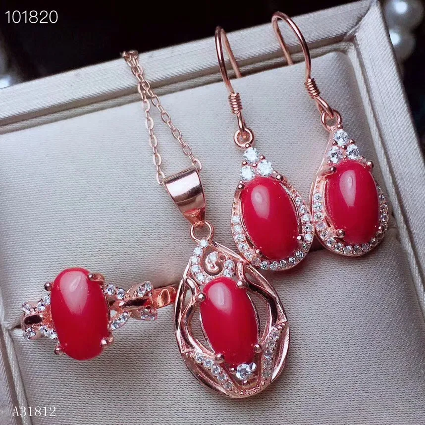

KJJEAXCMY Boutique jewelry 925 sterling silver inlaid natural Red Coral Pendant + Necklace Ring Earring suit support detection