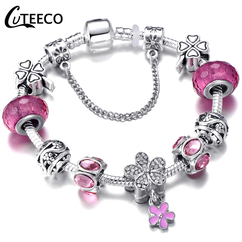 CUTEECO розовый кристалл женский цветок Шарм Браслеты циркон вишневый цвет подходит