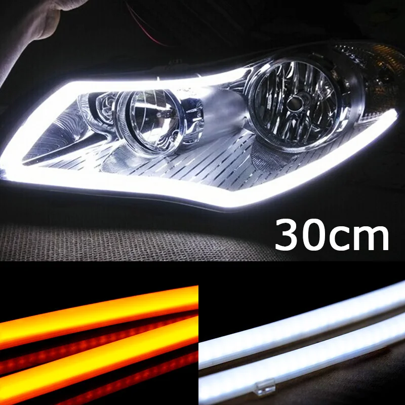 2 X 30cm DIY White Amber Flexible Strip Turn Signal Tube Angel Eye DRL LED Daytime Running Head Headlight Light Daylight