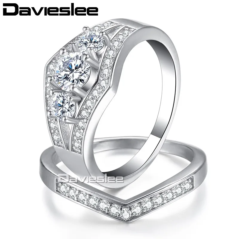 Davieslee леди женщин кольцо набор микро проложили cz 3 камень White Gold Filled GF Круглый