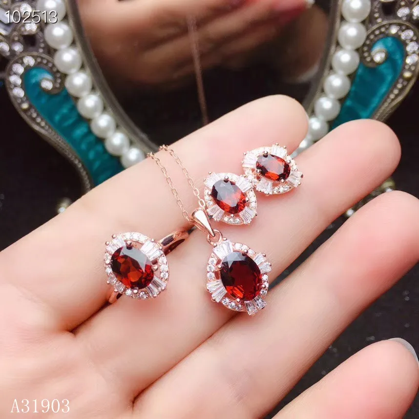 KJEAXCMY jewelry 925 pure silver inlaid natural garnet women's Ring Necklace Pendant ear nail set