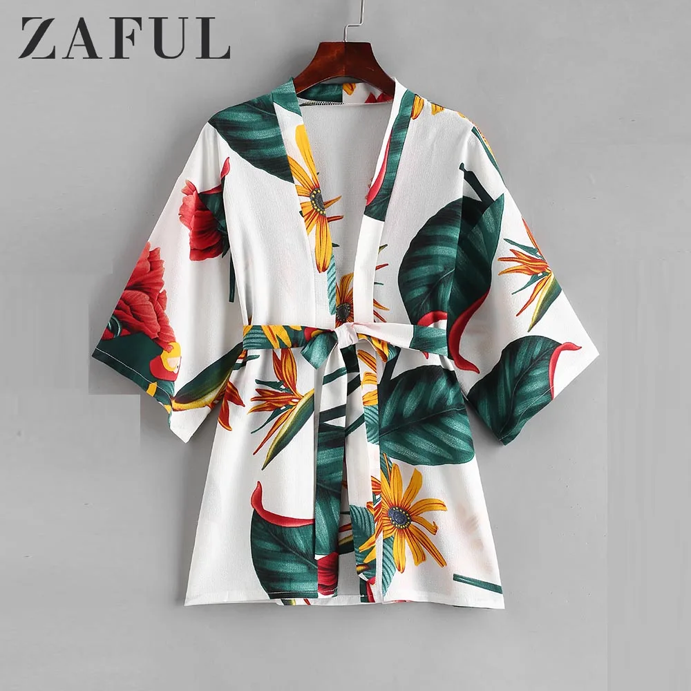 Женское кимоно с принтом растений ZAFUL пляжная одежда короткими рукавами для