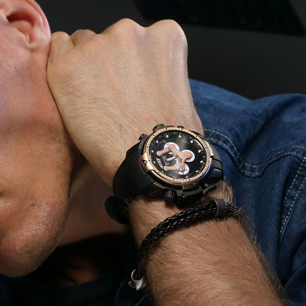 

BREAK Top Luxury Brand Men Unique Fashion Rubber Band Quartz Sport Wristwatch with Waterproof Chronograph Calendar Army Watch