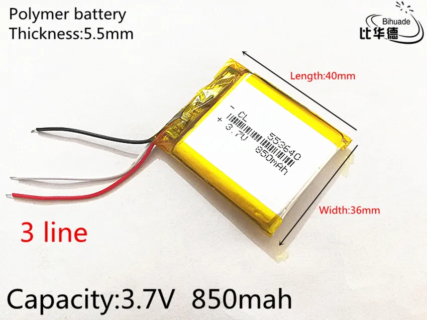 

3 line 3.7V 850mAh 553640 Lithium Polymer Li-Po li ion Rechargeable Battery cells For Mp3 MP4 MP5 GPS
