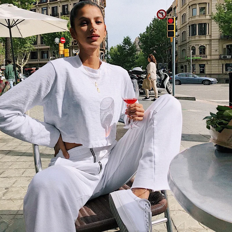 InstaHot из хлопка, на молнии, цвет белый прямые брюки женские штаны с эластичной резинкой на талии повседневные штаны леди в уличном стиле с карманами спортивные брюки