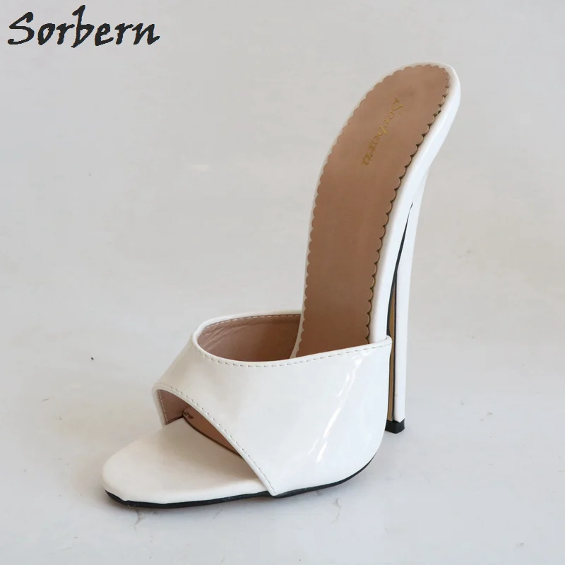 White Shiny Sorbern/белые блестящие шлепанцы 18 см; женская летняя стильная обувь без застежки с открытым носком; женские шлепанцы на шпильке; обувь для подиума; женская обувь; - Цвет: White Shiny