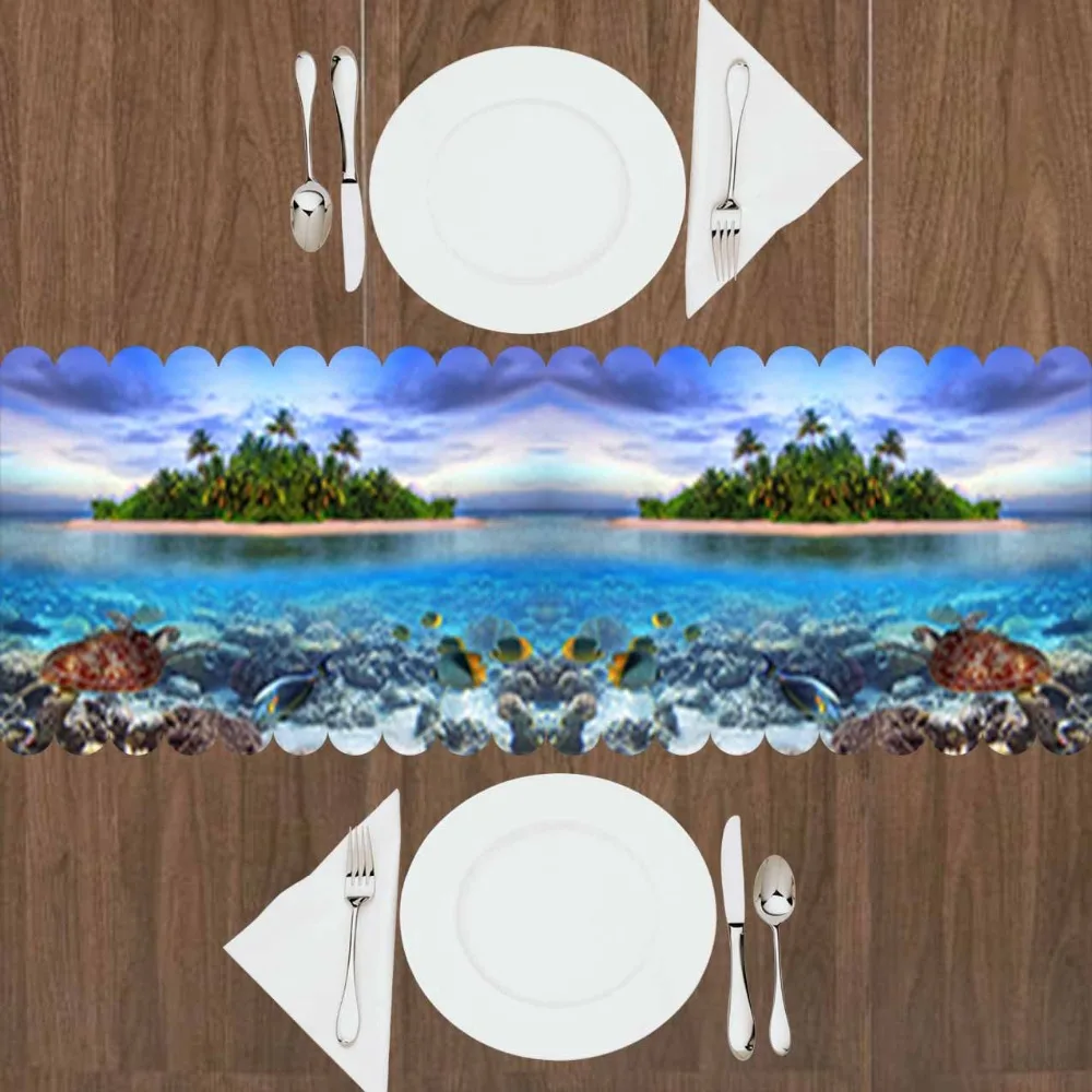 

Else Green island Tropical Blue Sky Under Sea Fishes 3d Print Pattern Modern Table Runner for Kitchen Dining Room Tablecloth