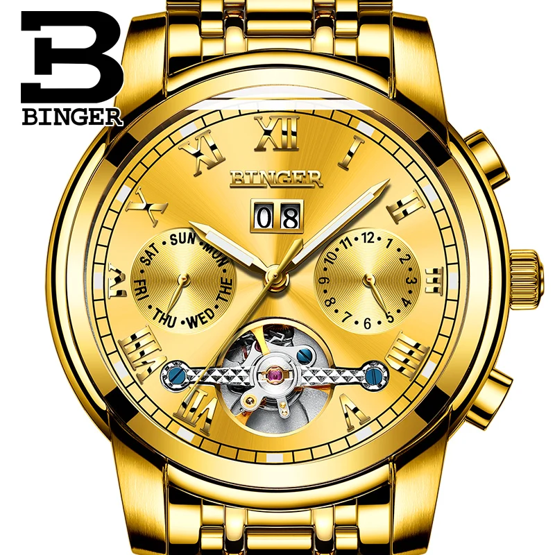 Купи Top Brand Watches BINGER Men Luxury Gold Watch Automatic Mechanical Watch Steel Strap Waterproof Free Shipping relogio masculino за 3,720 рублей в магазине AliExpress