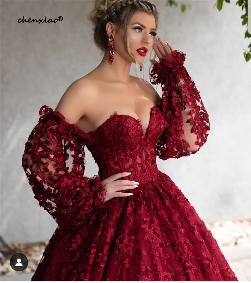 

Burgundy Evening Dresses Lace Off The Shoulder Sleeves Sweetheart Backless Long Evening Dress Floor Length Party Gowns