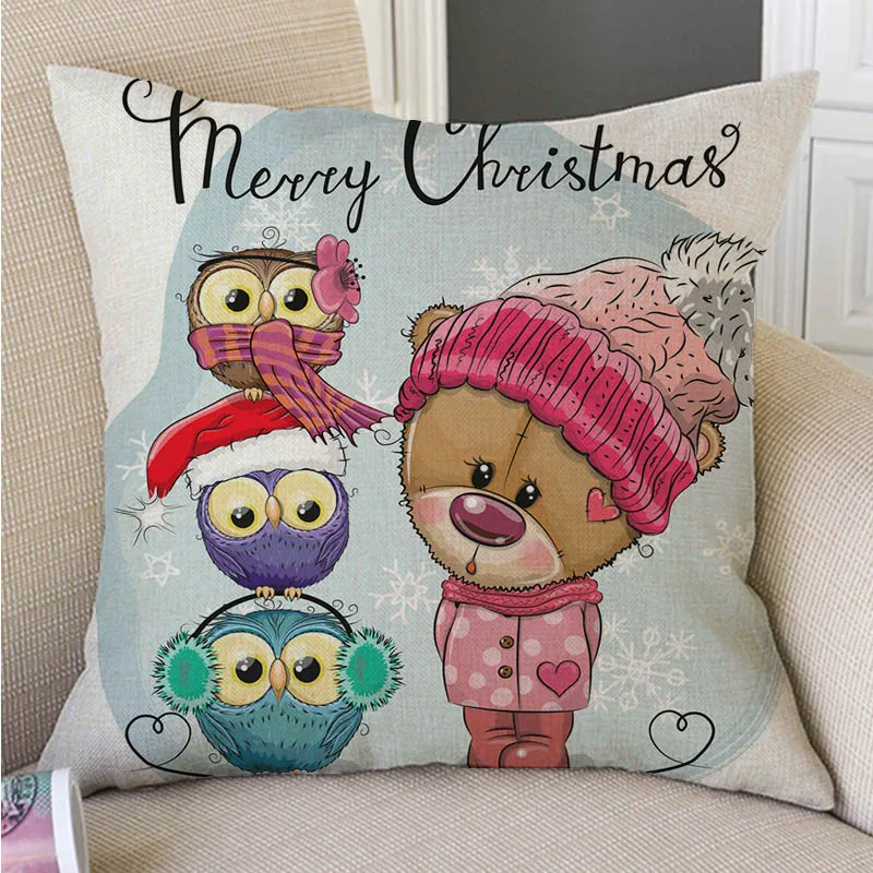 Adorable Cute Cartoon Teddy Bear Owl Snowman Christmas Decoration Cotton Linen Sofa Throw Pillow Cover Lovely Xmas Cushion | Дом и сад