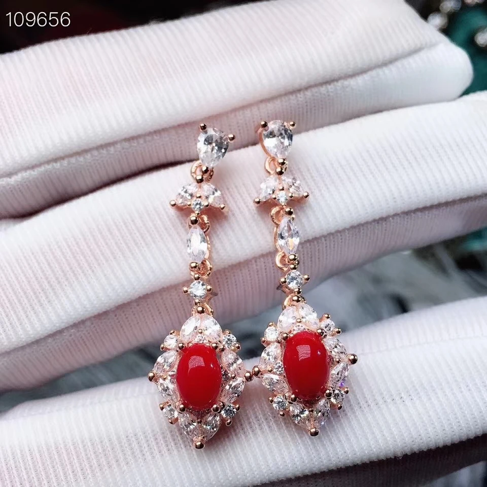 

KJJEAXCMY fine jewelry Supporting Detection of 925 Silver-inlaid Natural Red Coral Female Earrings and Earrings