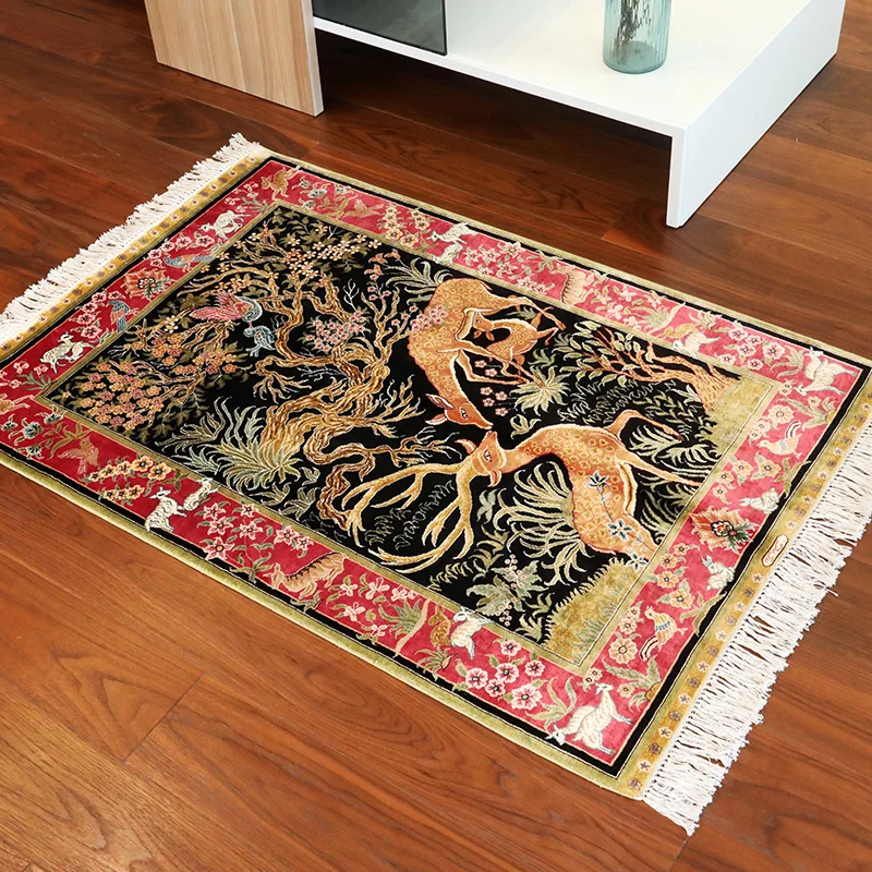 

FangCunJinXiu 2.7'x4' Square Handmade Silk Area Rugs Deer Trees Handiwork Carpet for Door Mat Or Tapestry