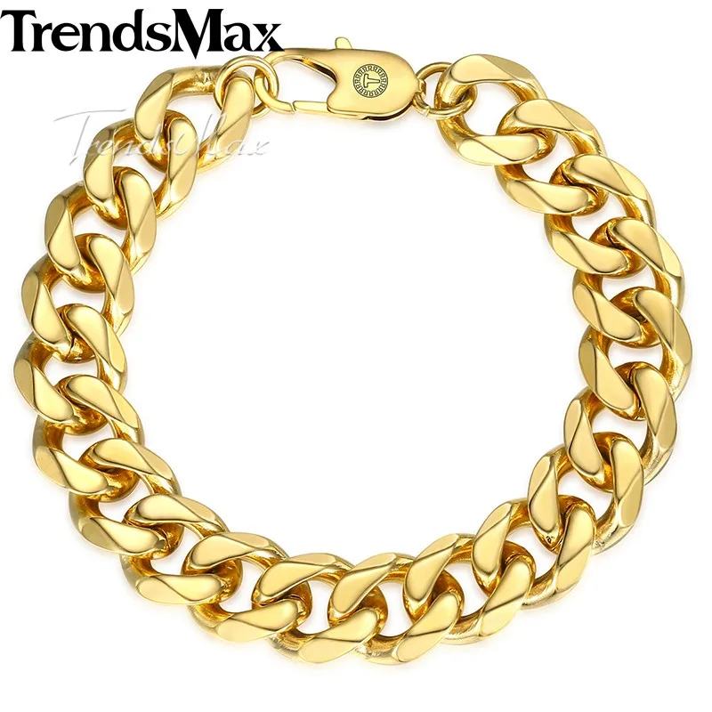 Men's Bracelets Hip Hop Curb Cuban Link Chain Gold Color Stainless Steel Bracelet For Male Jewelry Dropshipping 14mm KKBM162
