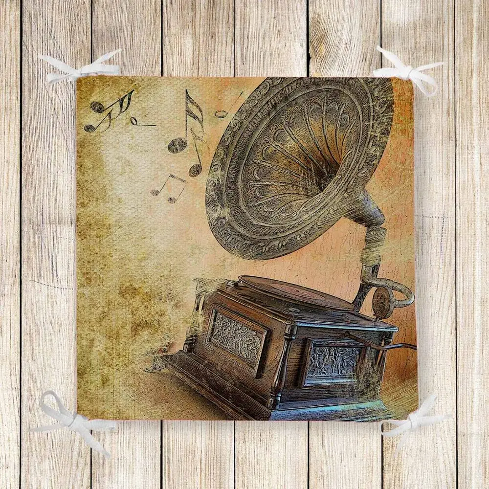 Else Brown Retro Music Notes Gramaphone Print Chair Pad Seat Cushion Soft Memory Foam Full Lenght Ties Non Slip Washable Zipper | Дом и сад