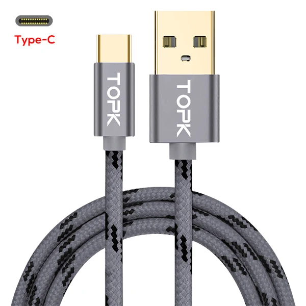 TOPK usb type-C кабель для Xiao mi Red mi Note 7 mi 9 кабель для быстрой зарядки и синхронизации данных USB C для samsung Galaxy S9 Oneplus 6t type-C - Цвет: Dark Gray