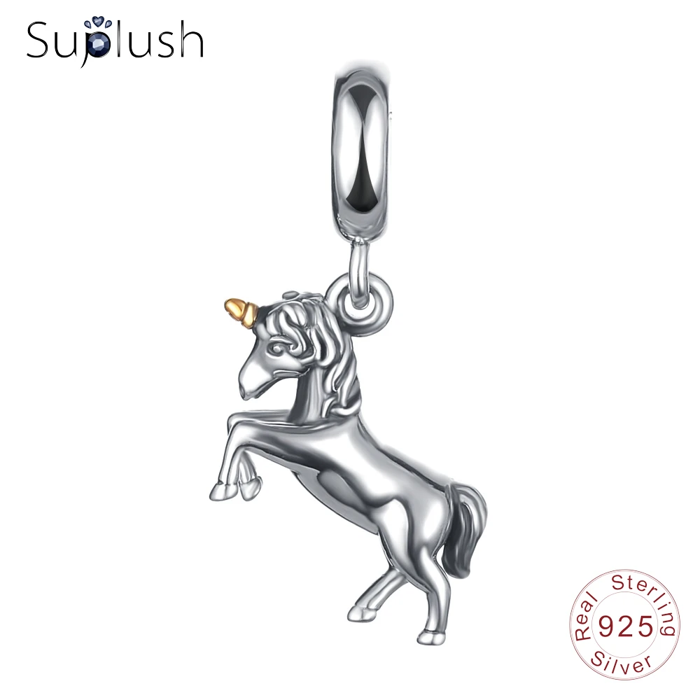 Suplush 100% стерлингового серебра 925 Единорог висячий Шарм для браслета оригинальный