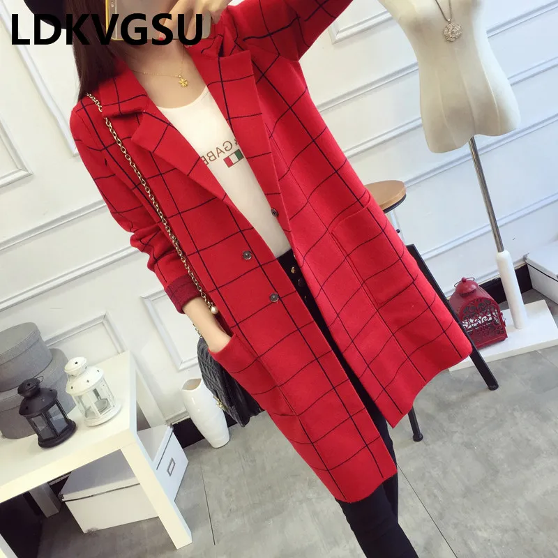 Женский вязаный кардиган длинный свитер в клетку большие размеры повседневная