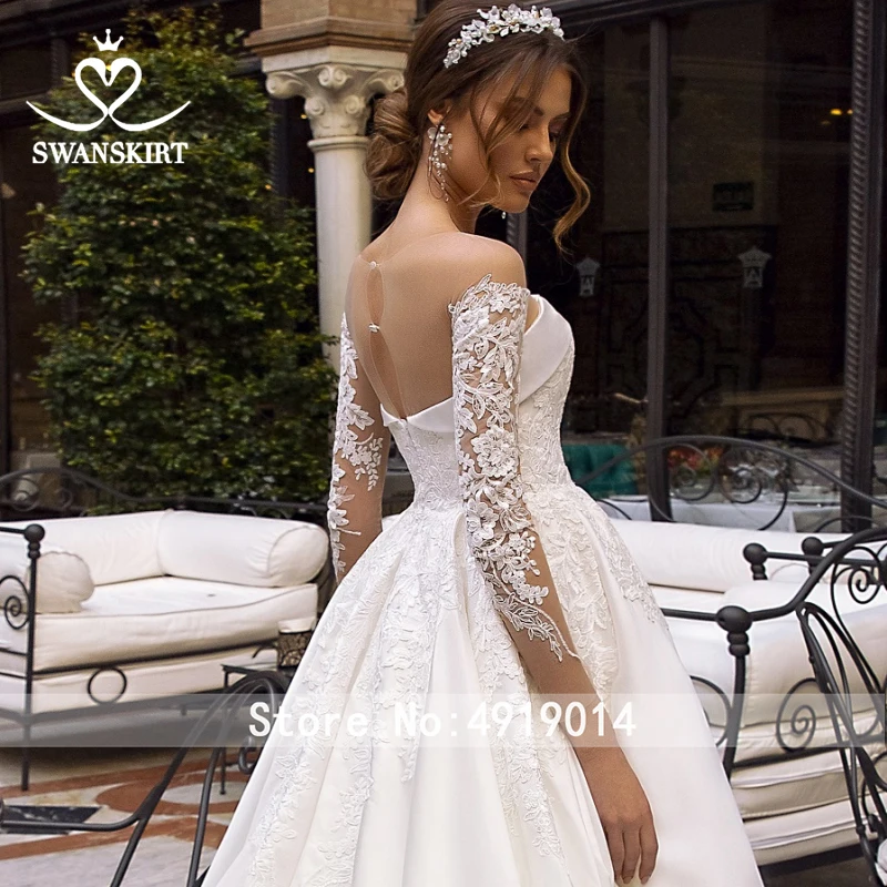 Swanskirt Fashion Appliques Satin A-Line Wedding Dress Vintage Long Sleeve Court Train Bridal Gown Vestido De Noiva TZ10