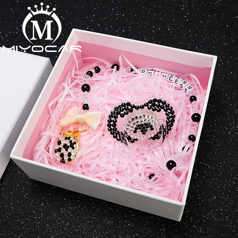 MIYOCAR bling black white pacifier clip any name personalized pacifier holder dummy clip with bling black white pacifier SP006