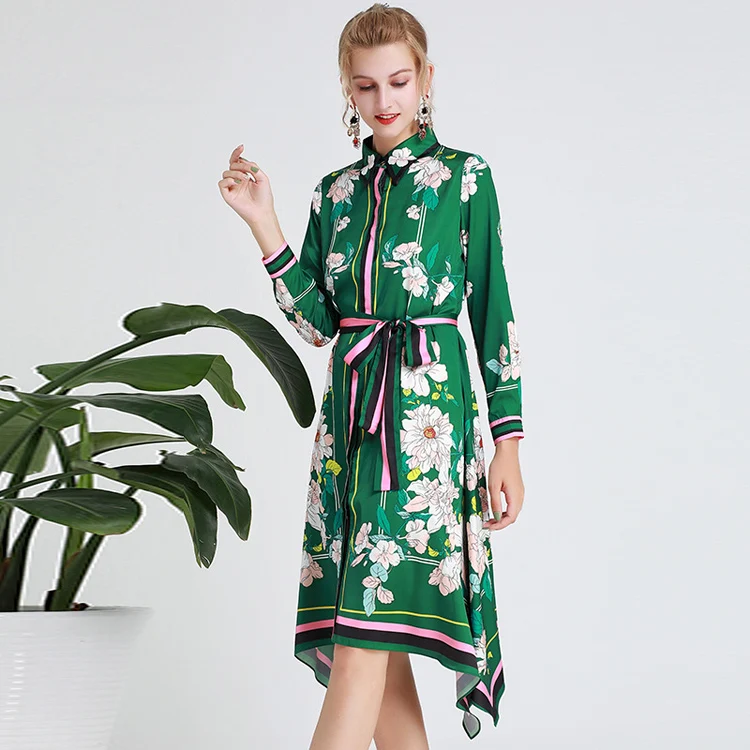 Women's Runway Dresses Turn Down Collar Long Sleeves Floral Printed Sash Belt Striped Asymmetrical Fashion Casual | Женская одежда